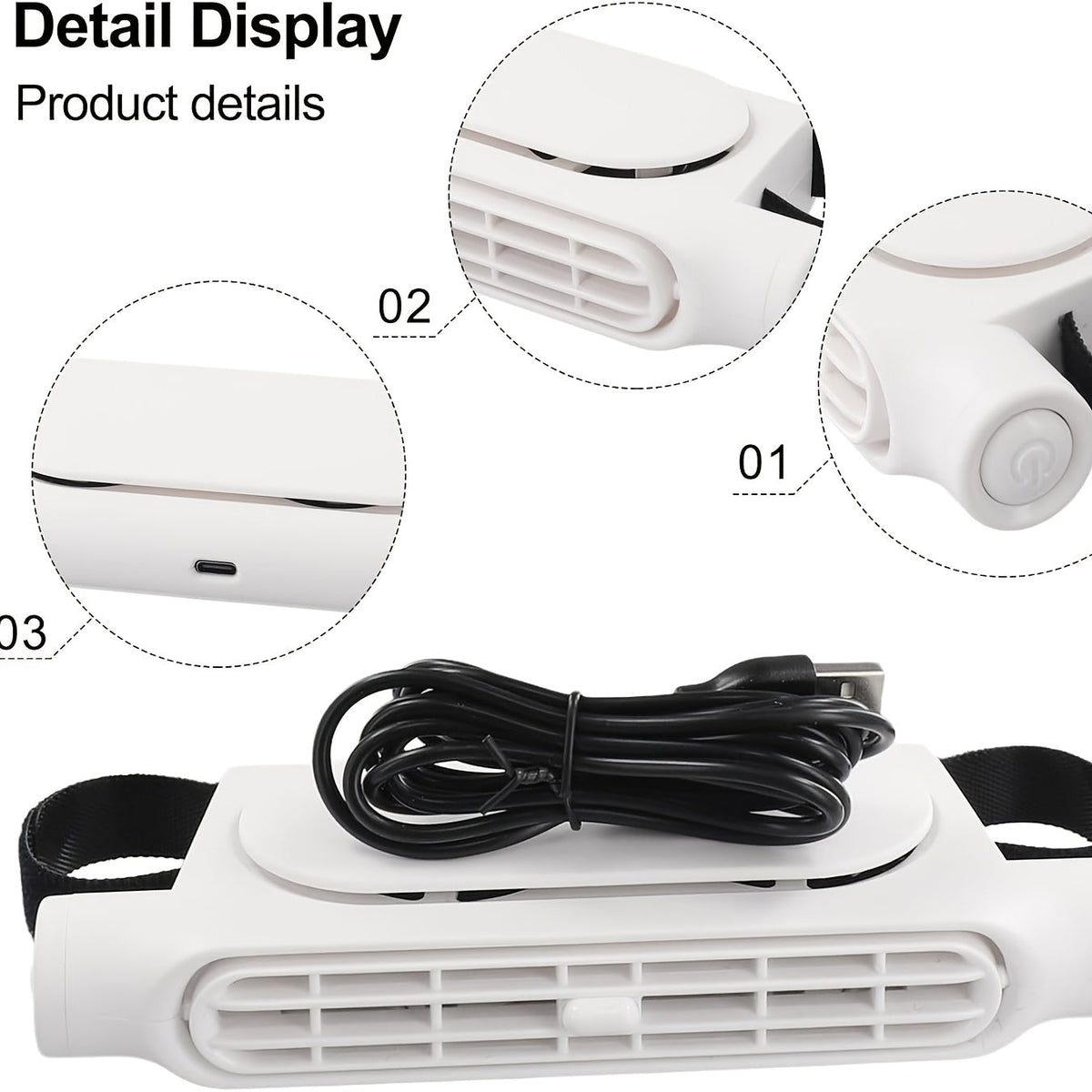 Ventilateur de voiture USB sans pales à 3 vitesses, refroidissement silencieux – Ventilateur de siège plug-and-play avec câble USB, restez au frais dans les embouteillages, ajustement universel pour tous les modèles de voiture, blanc et noir