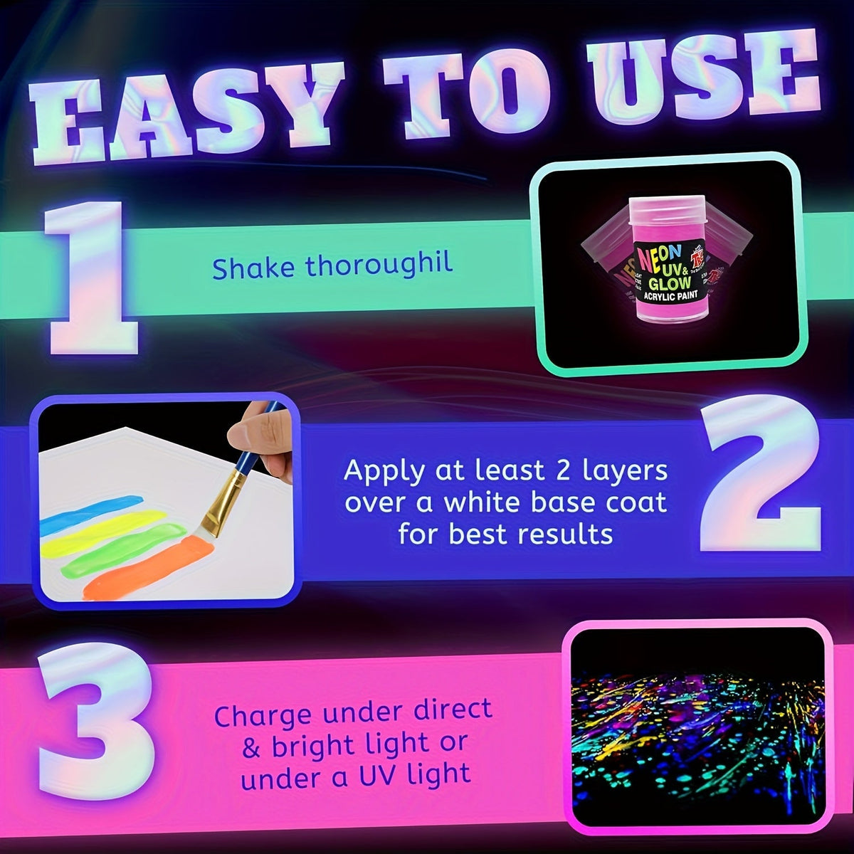 Ensemble de peinture phosphorescente 10 couleurs 22 ml, peinture acrylique néon UV 2-en-1, rechargeable à la lumière et activée par UV, pour peinture sur pierre, toile, travaux manuels, décoration de fête, cadeau de Noël