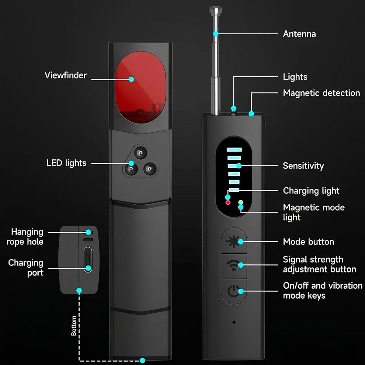 Détecteur de caméra cachée et scanner de signal RF anti-espion – Détecteur de mouchards, traceurs GPS et dispositifs d'écoute, balayeur de sécurité multifonction portable et rechargeable pour les voyages, l'hôtel, la maison, le bureau, la voiture