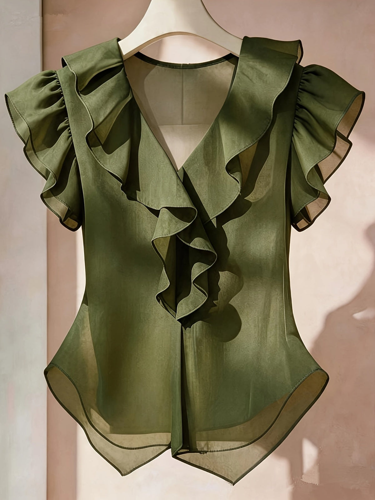 Haut femme en mousseline à manches courtes et volants – Chemisier d'été décontracté coupe évasée, couleur unie, disponible en 21 coloris, 100 % polyester tissé
