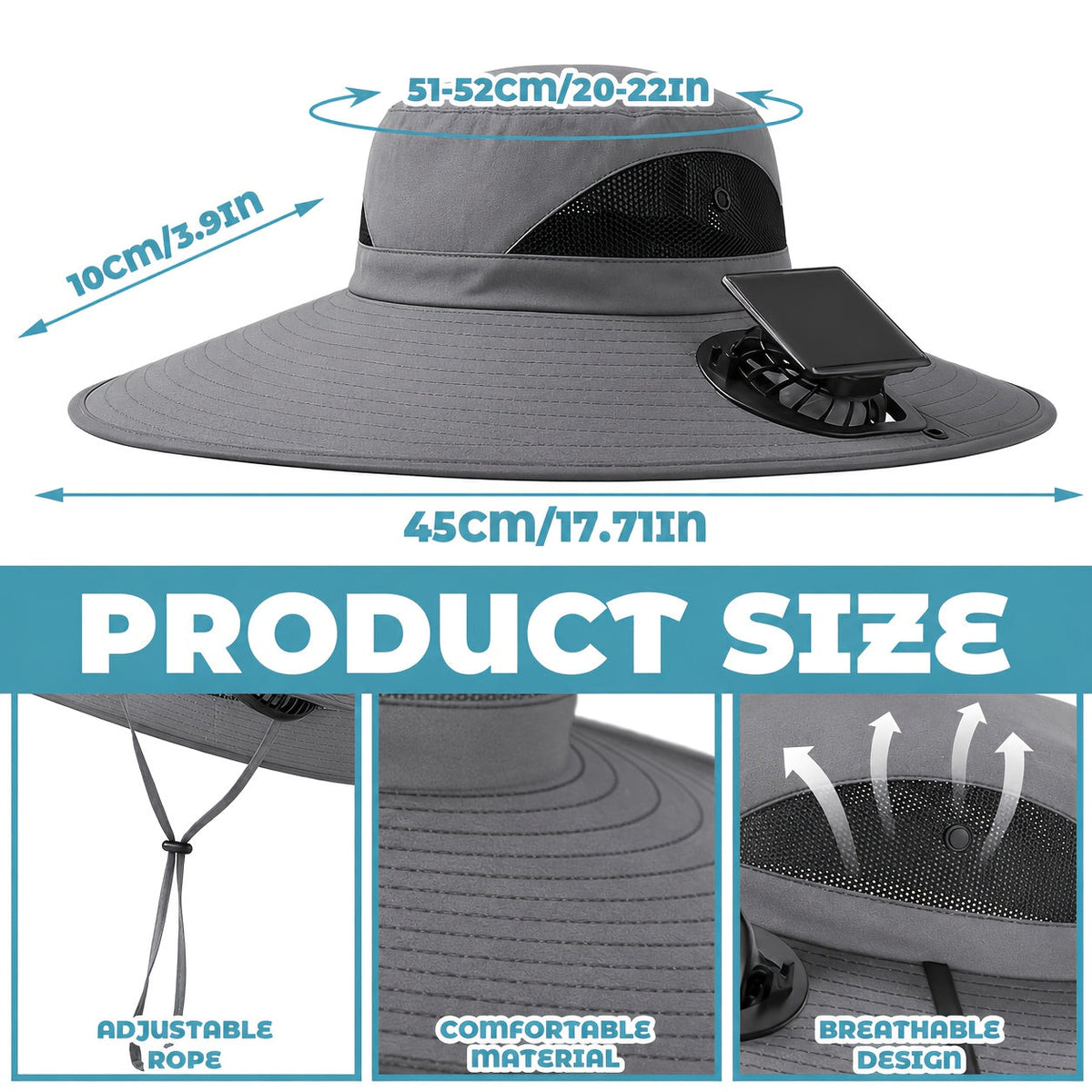 Chapeau de soleil à larges bords avec ventilateurs solaires – 2 ventilateurs solaires intégrés, vitesse du vent réglable, maille respirante, chapeau d'extérieur anti-UV avec mentonnière pour la pêche, le camping et les voyages