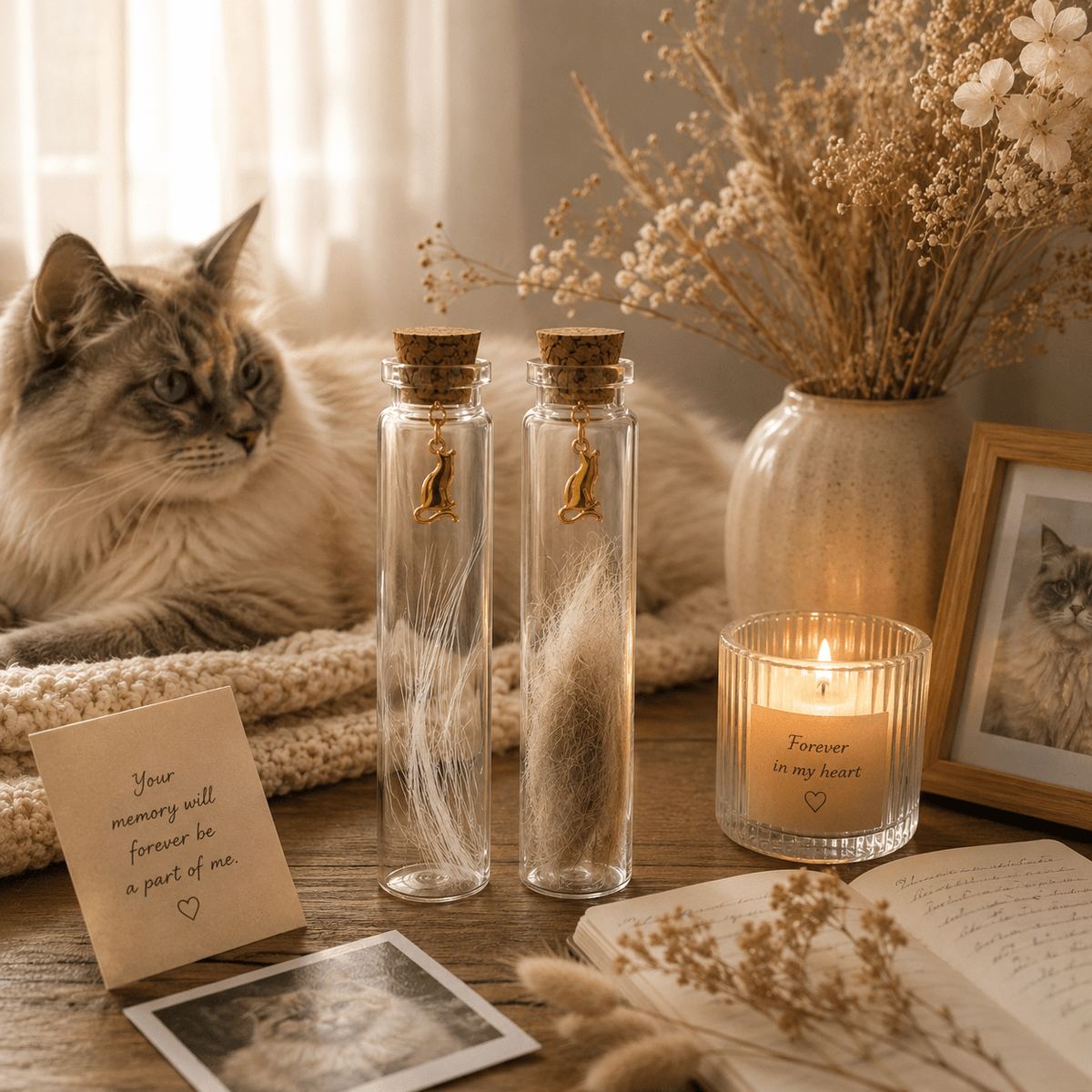 Ensemble de bocaux souvenirs pour poils d'animaux, 2 pièces – Flacons de mémoire en verre avec breloque chat dorée pour poils, moustaches et petits mots, cadeau de commémoration pour amoureux des chiens et chats