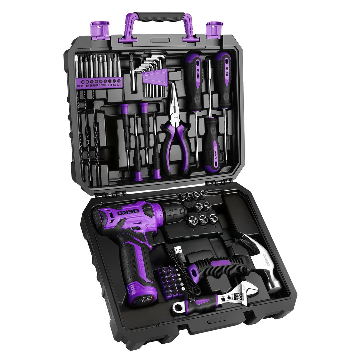 Ensemble d'outils avec perceuse sans fil 119/151 pièces, 8V rechargeable USB-C avec LED – Kit de réparation domestique tout-en-un léger pour femmes, bricolage, jardinage et montage de meubles, 6 couleurs, idée cadeau idéale