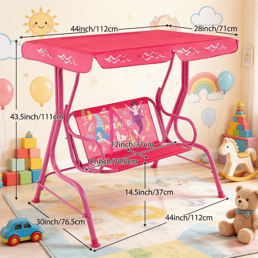 Balançoire de jardin pour enfants, 2 places, avec auvent réglable, ceintures de sécurité et structure en métal pour patio, cour, jardin ou balcon, 3 ans et plus, capacité de 82 kg