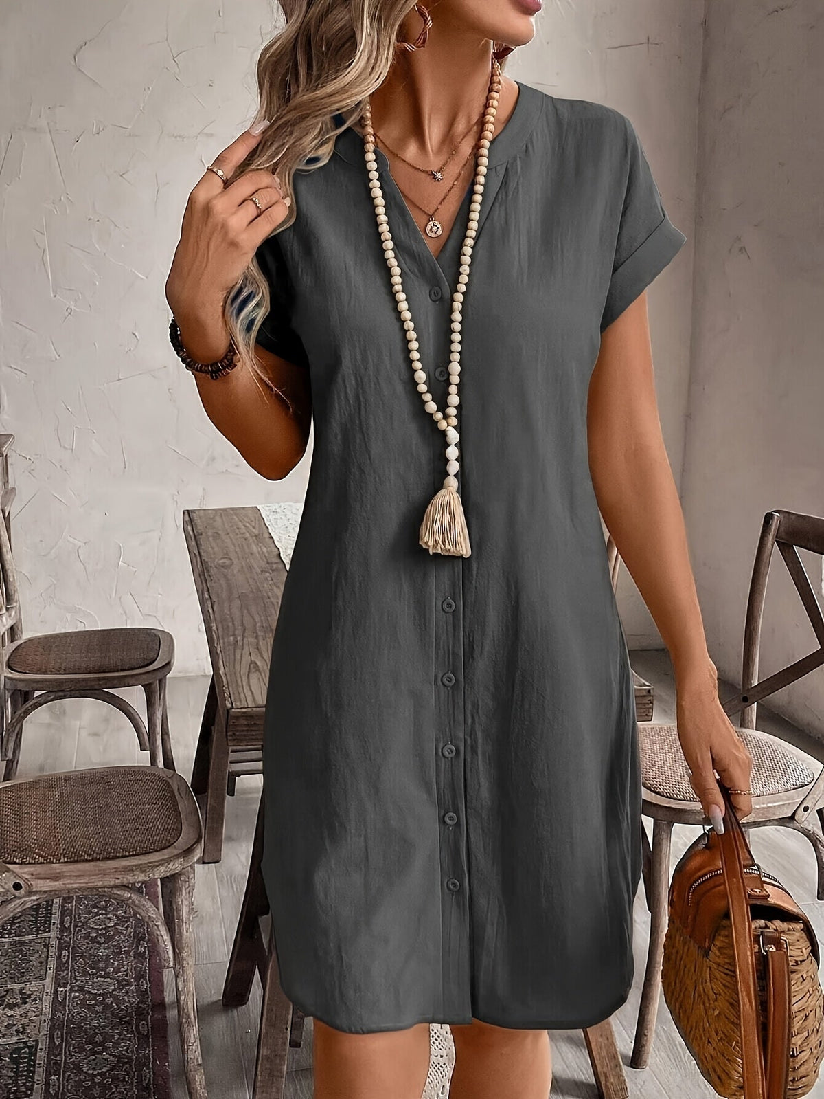 Robe chemisier décontractée à col en V pour femme, coupe ample et boutonnée – Élégante robe d'été unie disponible en 9 couleurs pour le quotidien et les vacances