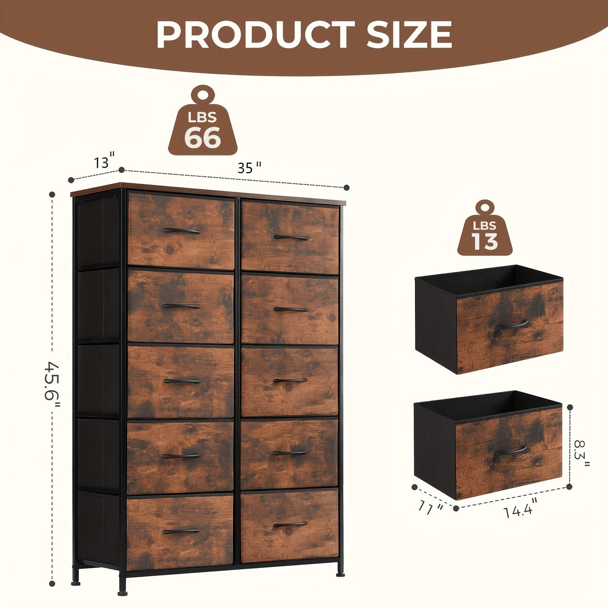 Meuble à tiroirs avec cadre en métal et dessus en bois massif – Organisateur de rangement pour bureau à domicile, 2 à 10 tiroirs, assemblage requis – Blanc, gris, noir, brun rustique – Caisson de rangement pour chambre, salon et bureau