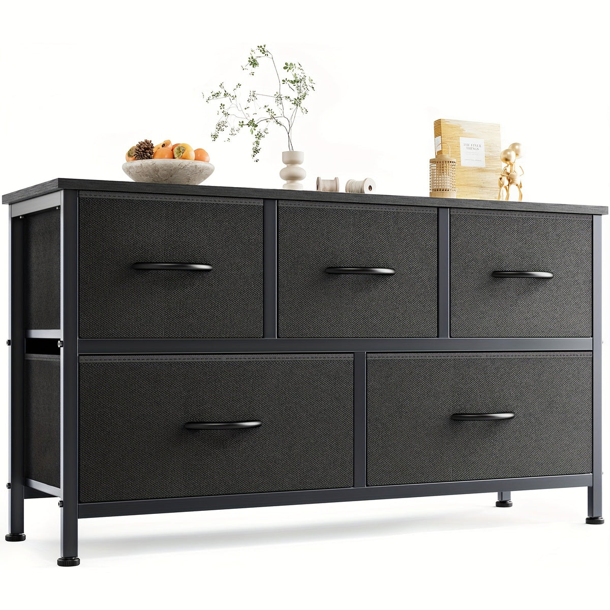 Caisson de rangement latéral à 5 tiroirs avec cadre en métal et dessus en bois – Organisateur de bureau industriel, 3 tiroirs supérieurs + 2 tiroirs inférieurs, rangement ouvert, supporte une télévision jusqu'à 45 po – Noir et gris