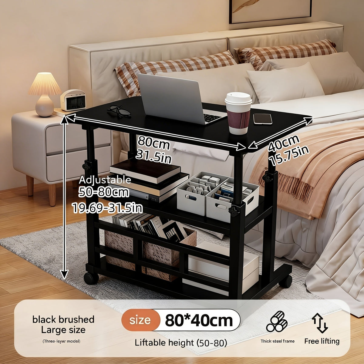 Bureau mobile portatif avec roulettes et table élévatrice à hauteur réglable – Petit bureau d'ordinateur pour lit, canapé, loisirs créatifs ou bureau à domicile, en noir ou blanc