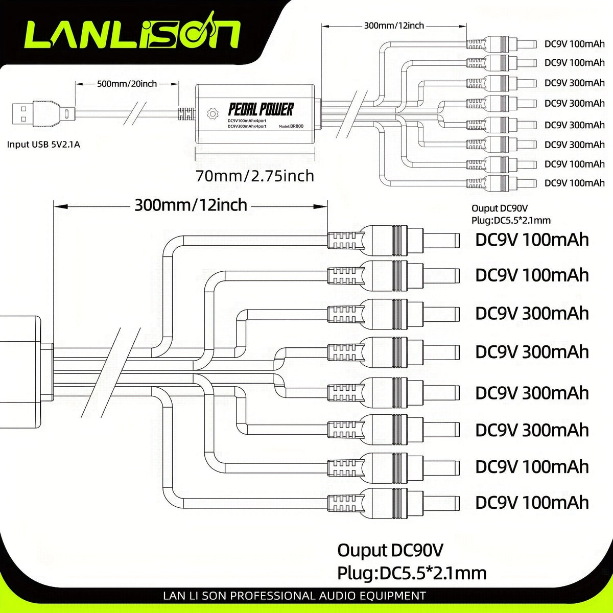 Alimentation isolée à 8 ports pour pédales de guitare avec recharge USB – Sorties CC 9V, 12V, 18V sans bruit pour pédales d'effet et accessoires, compatible avec la plupart des pedalboards