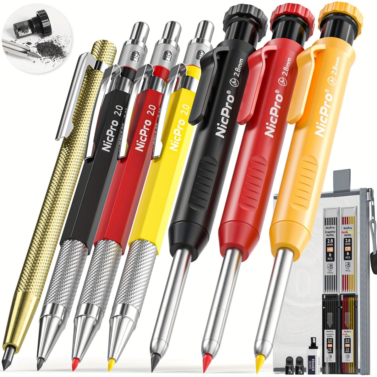 Ensemble de crayons de charpentier avec taille-crayon – Porte-mines avec recharges, pointeau automatique et pointe à tracer au carbure dans un étui robuste, kit de marquage professionnel de 15/16/17/18/27 pièces pour le travail du bois