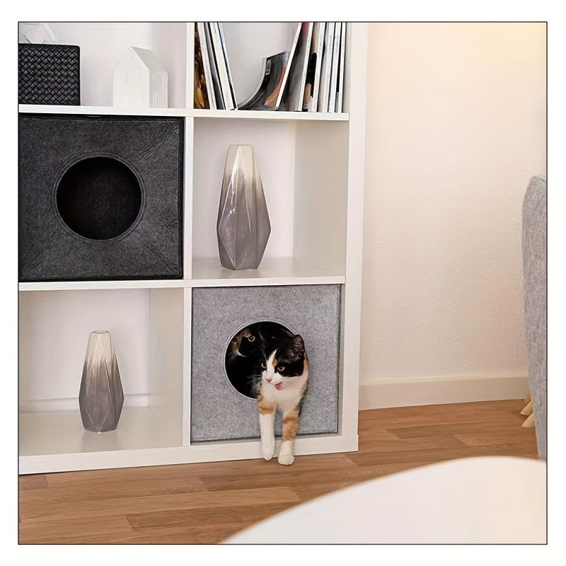 Panier pour chat carré en feutre, pliable et lavable en machine – Maison pour chat semi-fermée de 3 mm d'épaisseur, ne s'affaisse pas, grotte pour chat toutes saisons pour dormir et jouer, 33 x 37 x 33 cm, gris foncé et gris clair