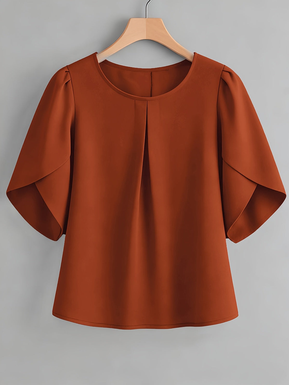 Chemisier femme à manches courtes, col rond, poignets à volants et plis sur la poitrine – Haut élégant en tissu 100 % polyester, semi-transparent, avec manches fendues