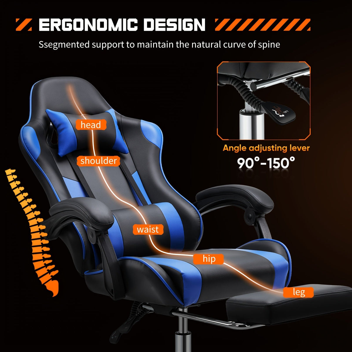 Chaise de gaming ergonomique avec repose-pieds et soutien lombaire – Fauteuil d'ordinateur esport style course, accoudoirs fixes, dossier inclinable réglable, chaise de bureau pour adultes