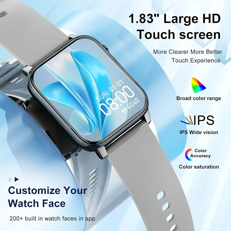 Montre intelligente pour hommes et femmes, étanche IP68, écran tactile complet de 1,83 pouce – Appels et messages sans fil, podomètre, suivi de fitness, compatible iPhone et Android, 6 options de couleur