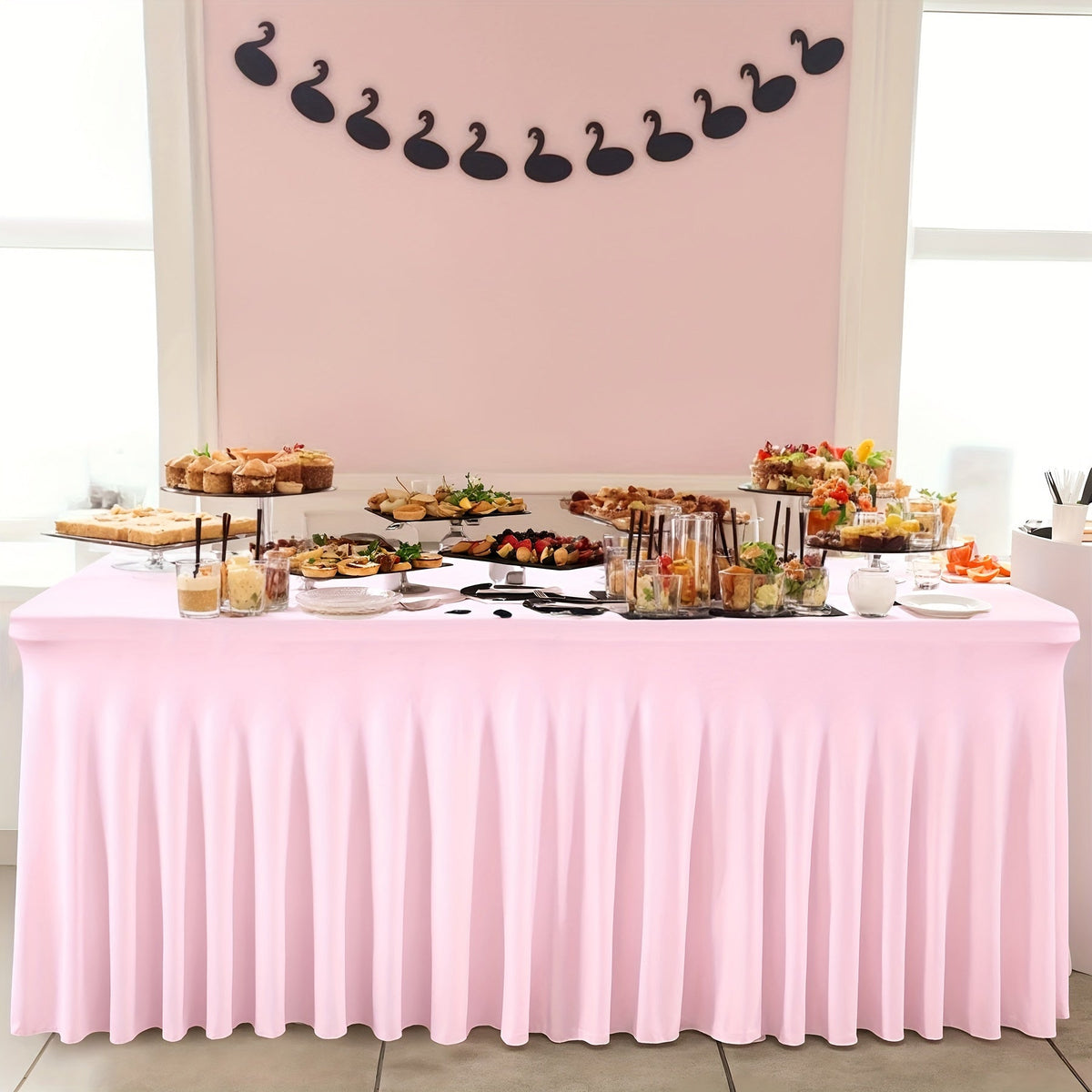 Nappe en élasthanne élastique avec jupe méduse, tissu polyester épais, opaque et hautement extensible pour tables de 4 et 6 pieds, idéale pour fêtes, anniversaires, mariages, banquets, hôtels, conférences et salons professionnels