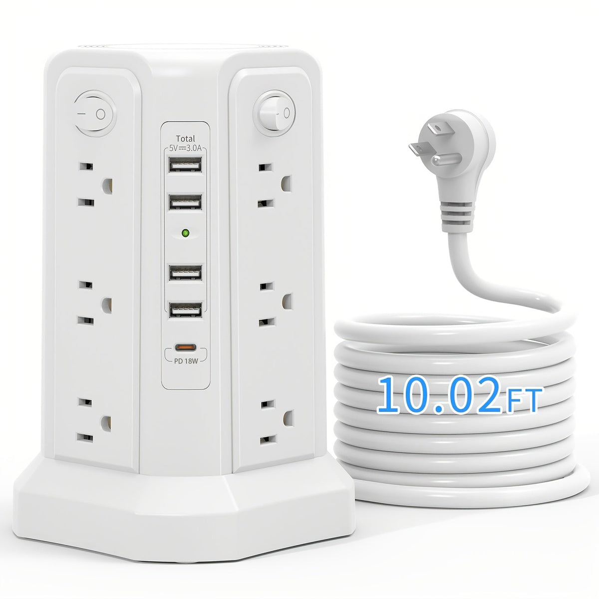 Tour multiprise, 16 prises CA, 5 ports USB, USB-C PD 20W, parafoudre 1500J, prise plate, rallonge de bureau