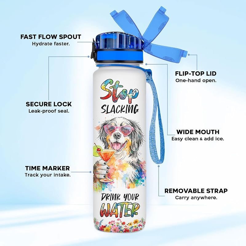 Gourde Bouvier bernois 950 ml avec marqueur temporel et couvercle rabattable – Gourde de sport motivante avec suivi d'hydratation et dragonne, cadeau réutilisable sans BPA pour les amoureux des chiens