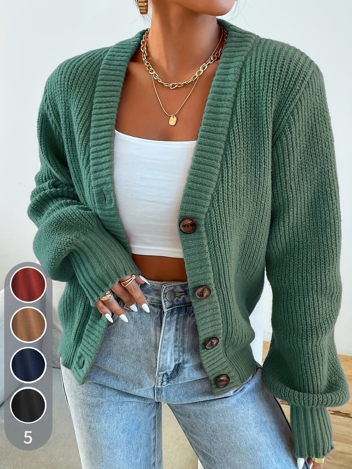 Gilet boutonné pour femme en maille côtelée épaisse, col en V, ouverture sur le devant - Pull veste oversize à épaules tombantes, gilet doux, extensible et chaud pour l'automne et l'hiver, disponible en 5 couleurs, du XS au XL