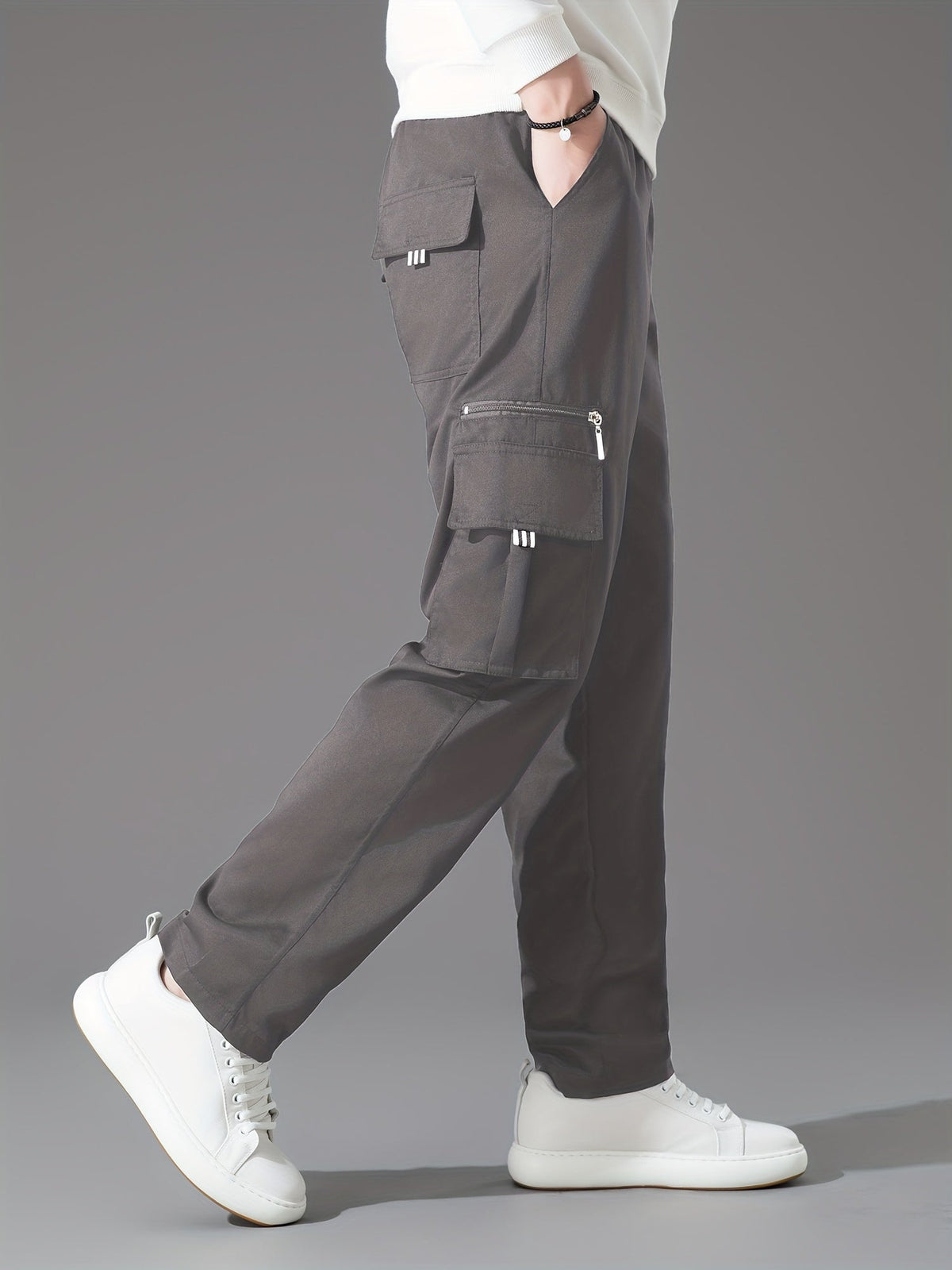 Lot de 3 pantalons cargo pour homme, coupe droite multipoches – Pantalon de randonnée en polyester tissé uni pour le printemps et l'automne, tailles S à XXXL, 9 combinaisons de couleurs