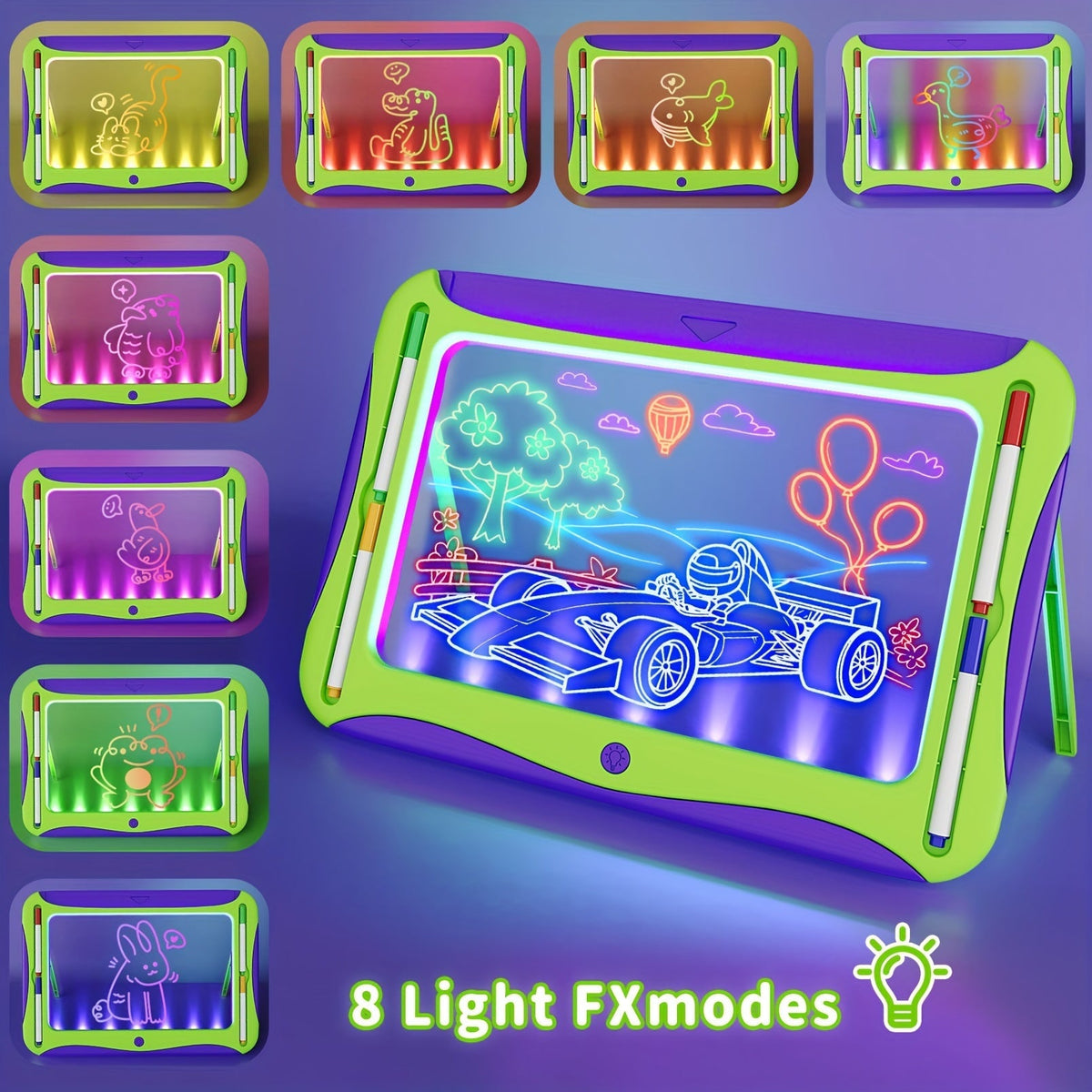 Tablette à dessin lumineuse LED pour enfants de 3 à 8 ans – Kit d’art phosphorescent avec 9 cartes recto-verso et 6 marqueurs, jouet éducatif de voyage, cadeau d'anniversaire et de Noël pour filles et garçons