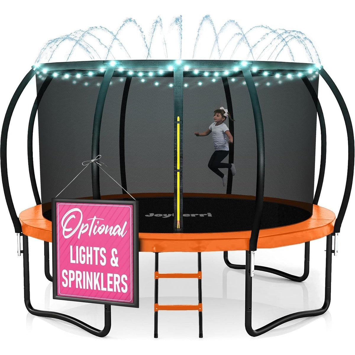 Trampoline d'extérieur JoyBerri avec filet de sécurité - Trampoline de jardin de 8 à 16 pieds pour enfants et adultes, cadre robuste antirouille, lumières LED, arroseur et échelle inclus | Cadeau de remise en forme amusant pour toute la famille