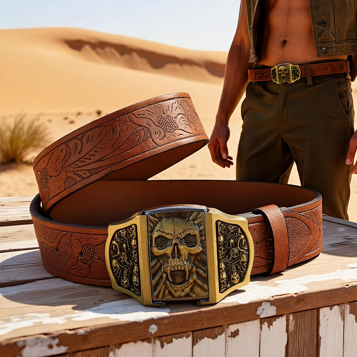 Ceinture de cowboy rétro avec briquet amovible – Ceinture fantaisie à motifs imprimés en relief (tête de mort, aigle, croix et motifs amérindiens), cadeau original pour hommes pour Noël, Thanksgiving et la Saint-Valentin