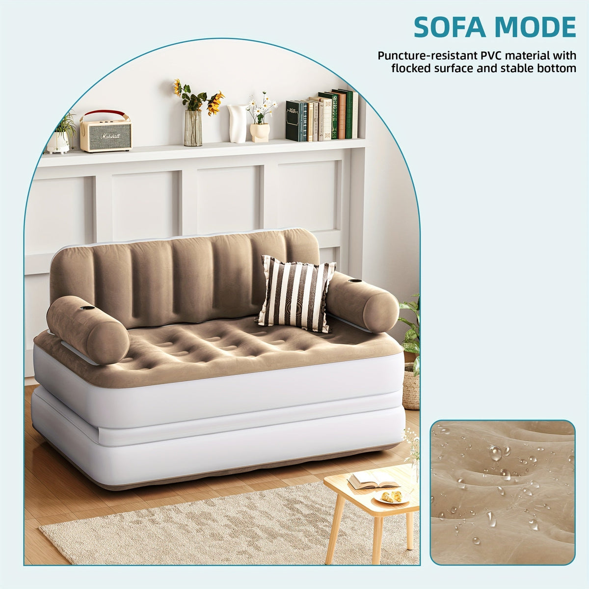 Canapé-lit gonflable 2-en-1 taille Queen – Canapé et matelas pneumatique portables avec tête de lit, porte-gobelets, pompe externe et sac de rangement, capacité de 200 kg pour la maison, le camping et les invités