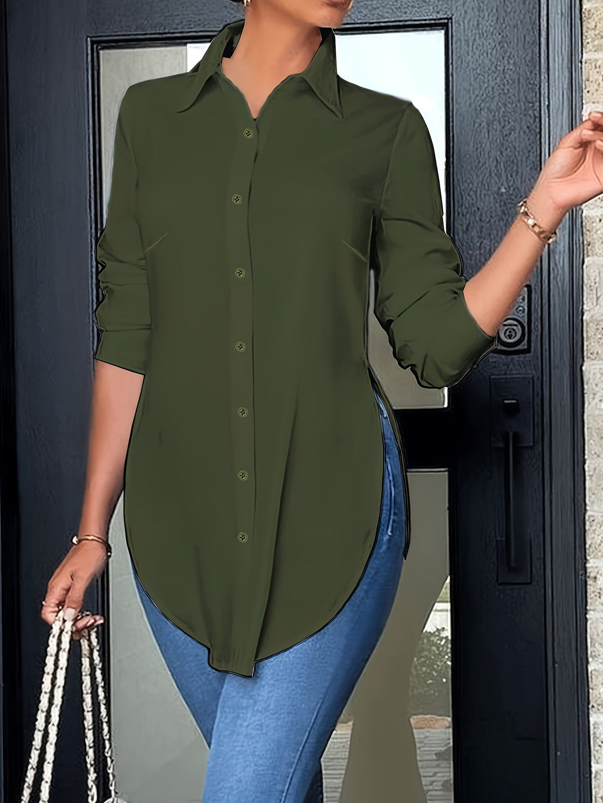 Chemisier élégant à manches longues et boutonnage frontal pour femme | Chemise de bureau opaque avec fente latérale | Haut professionnel décontracté toutes saisons | Chemisier de travail pour femme facile d'entretien | XS-XXL Multicolore