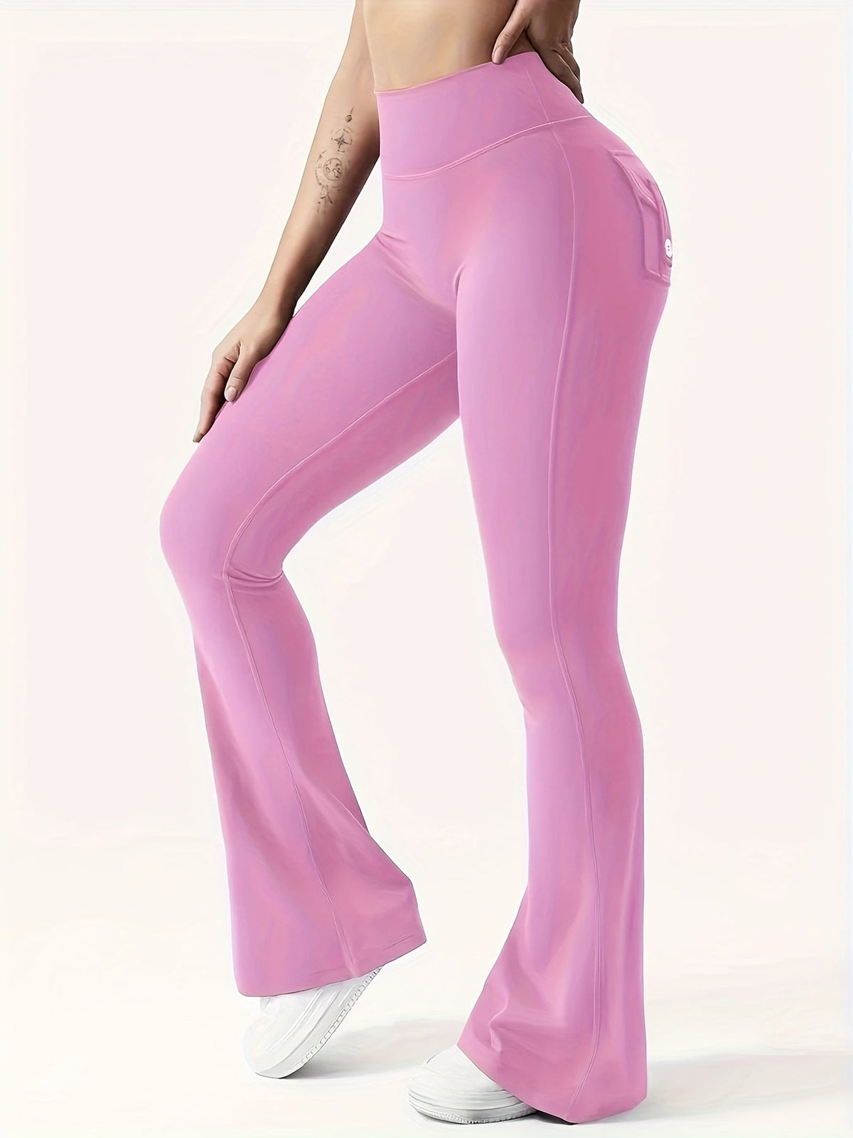 Ensemble 3 pièces pour femme : pantalon de yoga évasé à taille haute avec ceinture et poches, legging galbant effet push-up, squat-proof, 90 % polyester extensible, coupe évasée pour le sport, la gym, la course et le quotidien