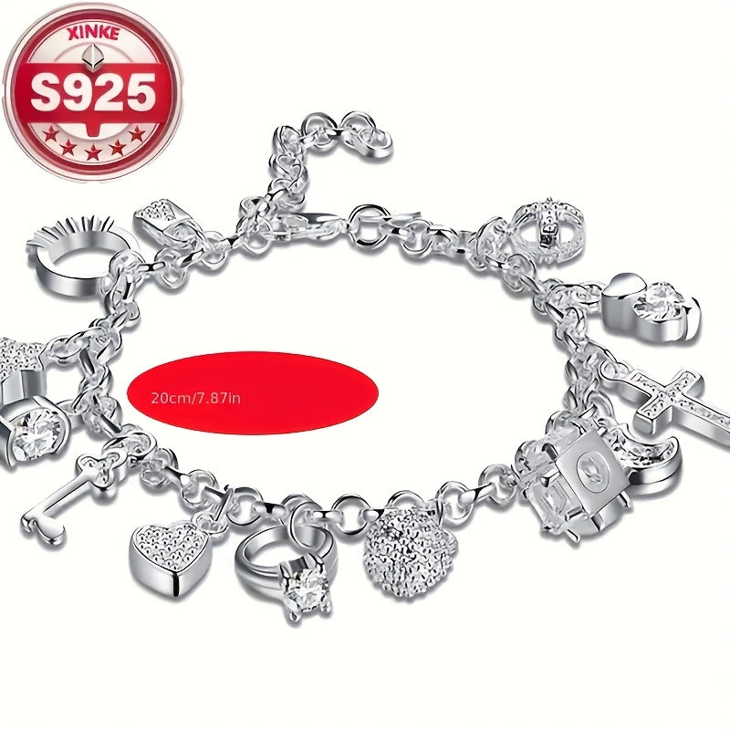Bracelet à breloques pour femme en argent sterling 925 - Bijou de poignet élégant et léger de 2,5 g avec incrustation de zircone cubique vintage, idéal pour le quotidien, les festivals de musique, les anniversaires et les cadeaux de fêtes