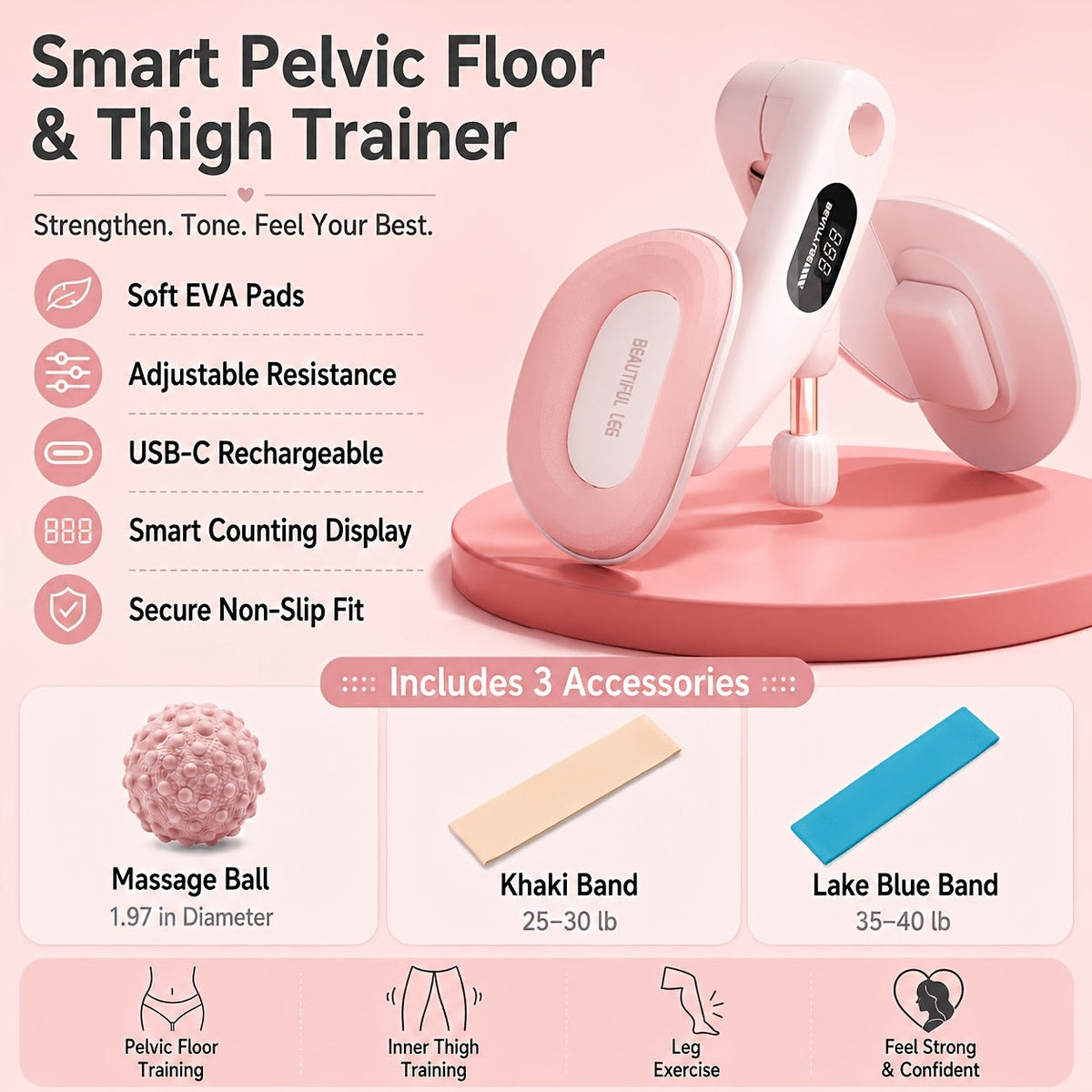 Appareil de renforcement du plancher pelvien et des cuisses avec compteur de répétitions – Musculation ajustable pour cuisses, fessiers et exercices de Kegel pour l'entraînement à domicile pour femmes