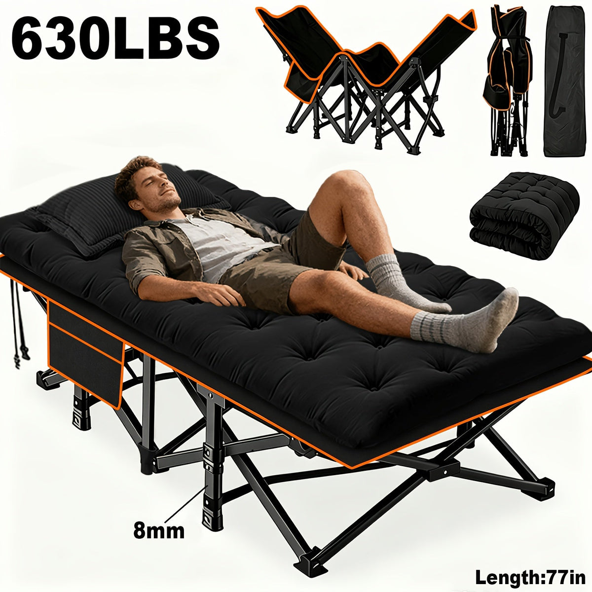 Lit pliant ultra-résistant supportant jusqu’à 285 kg avec matelas en option – Lit de camp portable avec pieds de support multiples, poches latérales et oreiller, lit d'appoint toutes saisons de 150 à 195 cm, peu encombrant