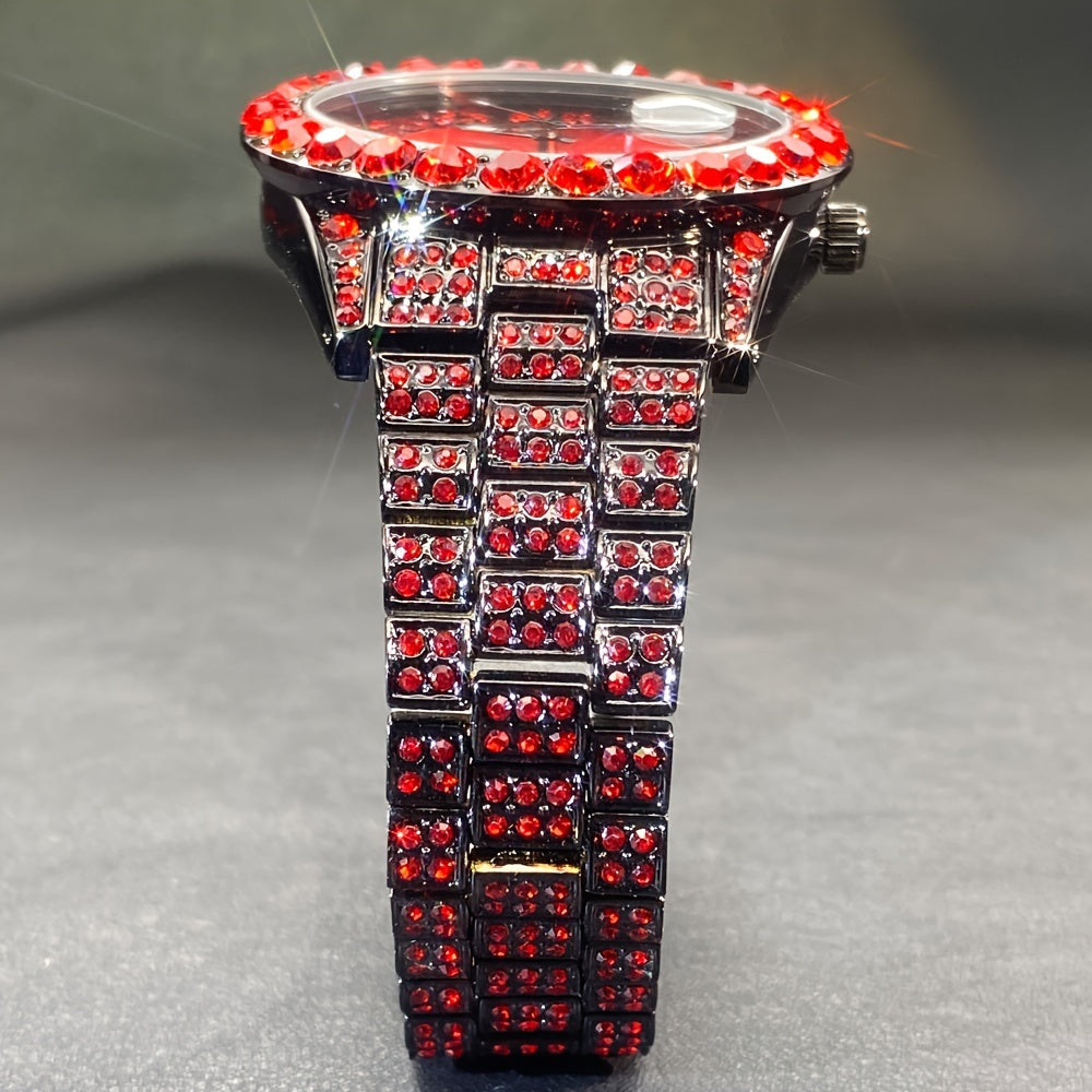 Ensemble de montres pour couples avec strass, mouvement à quartz de luxe, calendrier, affichage lumineux pour hommes et femmes, montre cadeau de mode pour fête avec strass rouges et bleu glacier