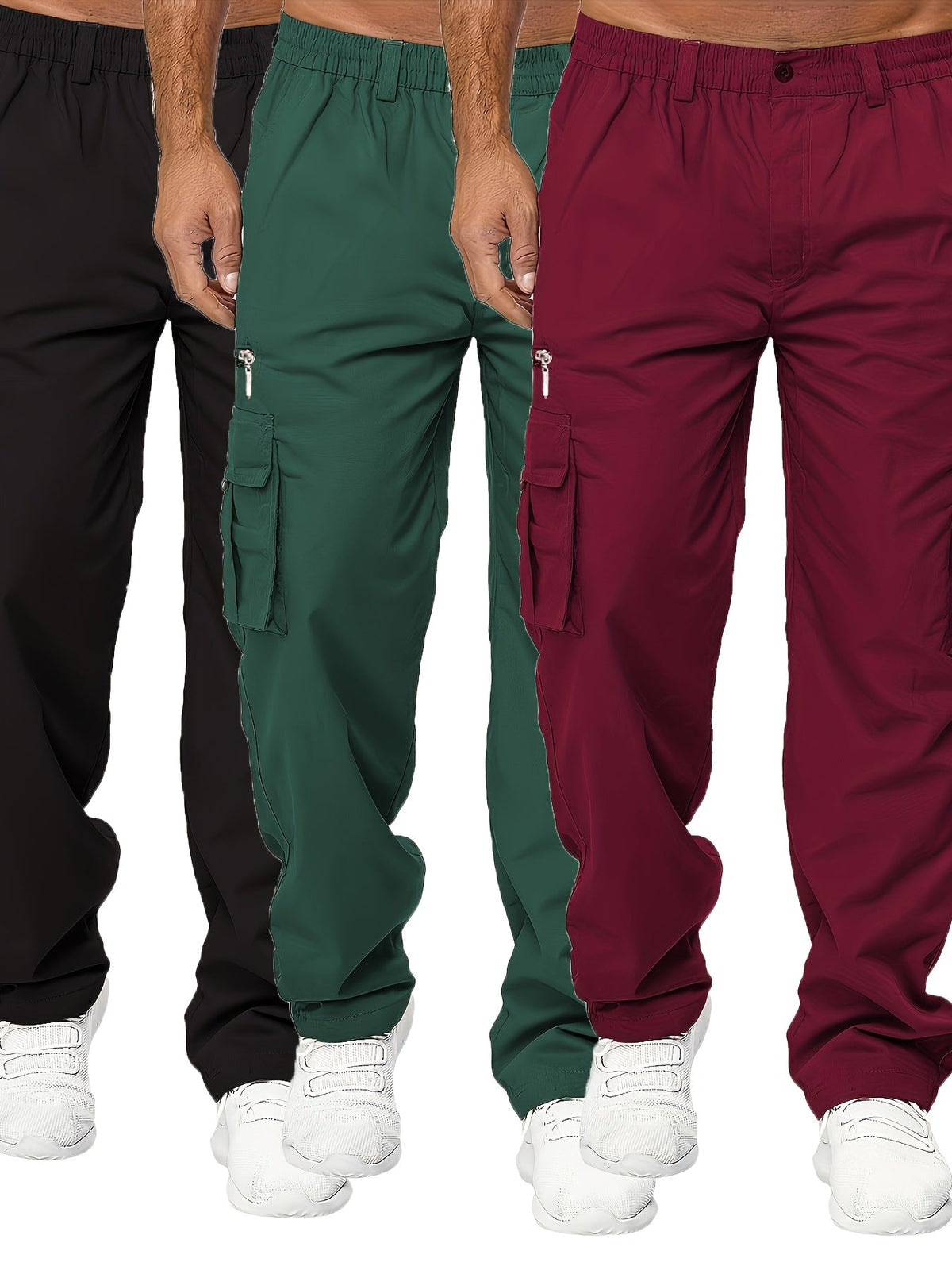 Lot de 3 pantalons cargo pour homme, coupe droite multipoches – Pantalon de randonnée en polyester tissé uni pour le printemps et l'automne, tailles S à XXXL, 9 combinaisons de couleurs