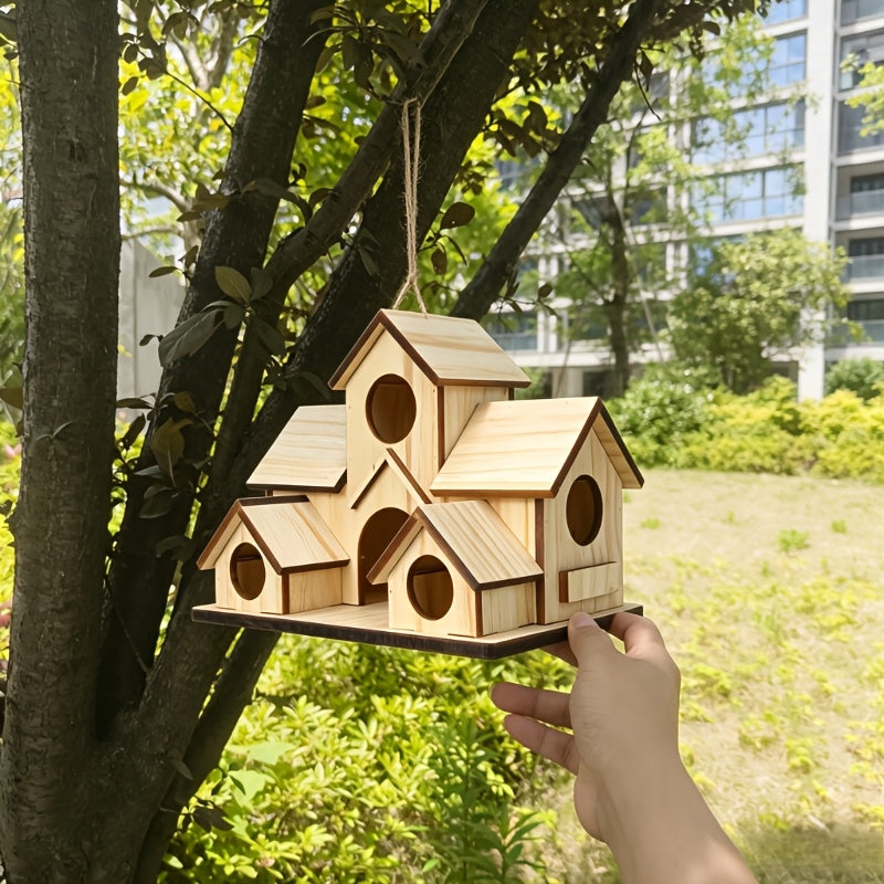 Nichoir rustique en bois pour jardin extérieur - Mangeoire à oiseaux et nichoir suspendu multi-niveaux à compartiments multiples, style villa - Décoration de jardin personnalisable à peindre pour attirer les oiseaux sauvages - Couleur bois naturel