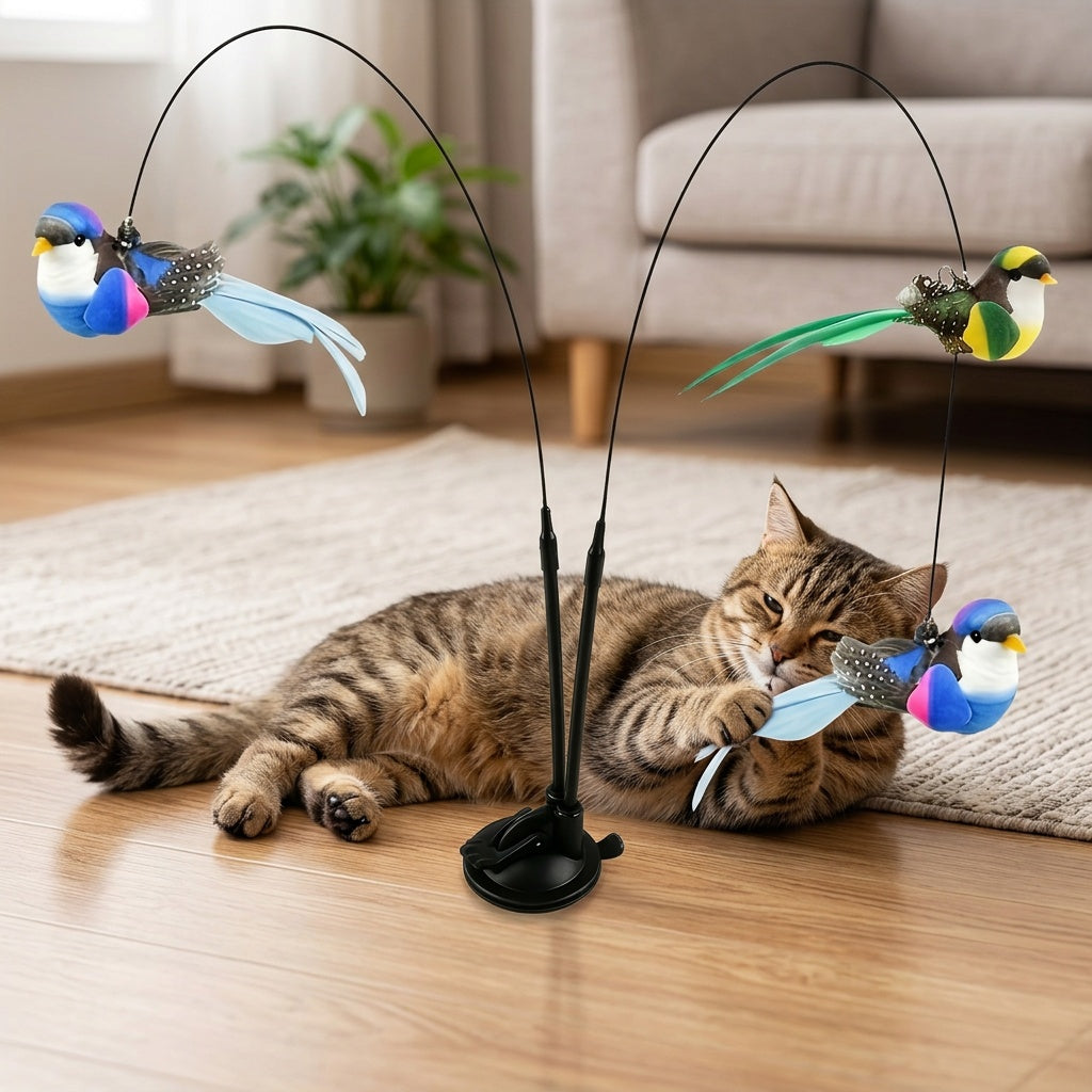 Jouet interactif pour chat plume et oiseau avec base à ventouse – Baguette pour chat mains libres à double tige, jouet pour chat intérieur et extérieur sans pile, polyester non toxique, 2 oiseaux artificiels inclus, couleurs assorties