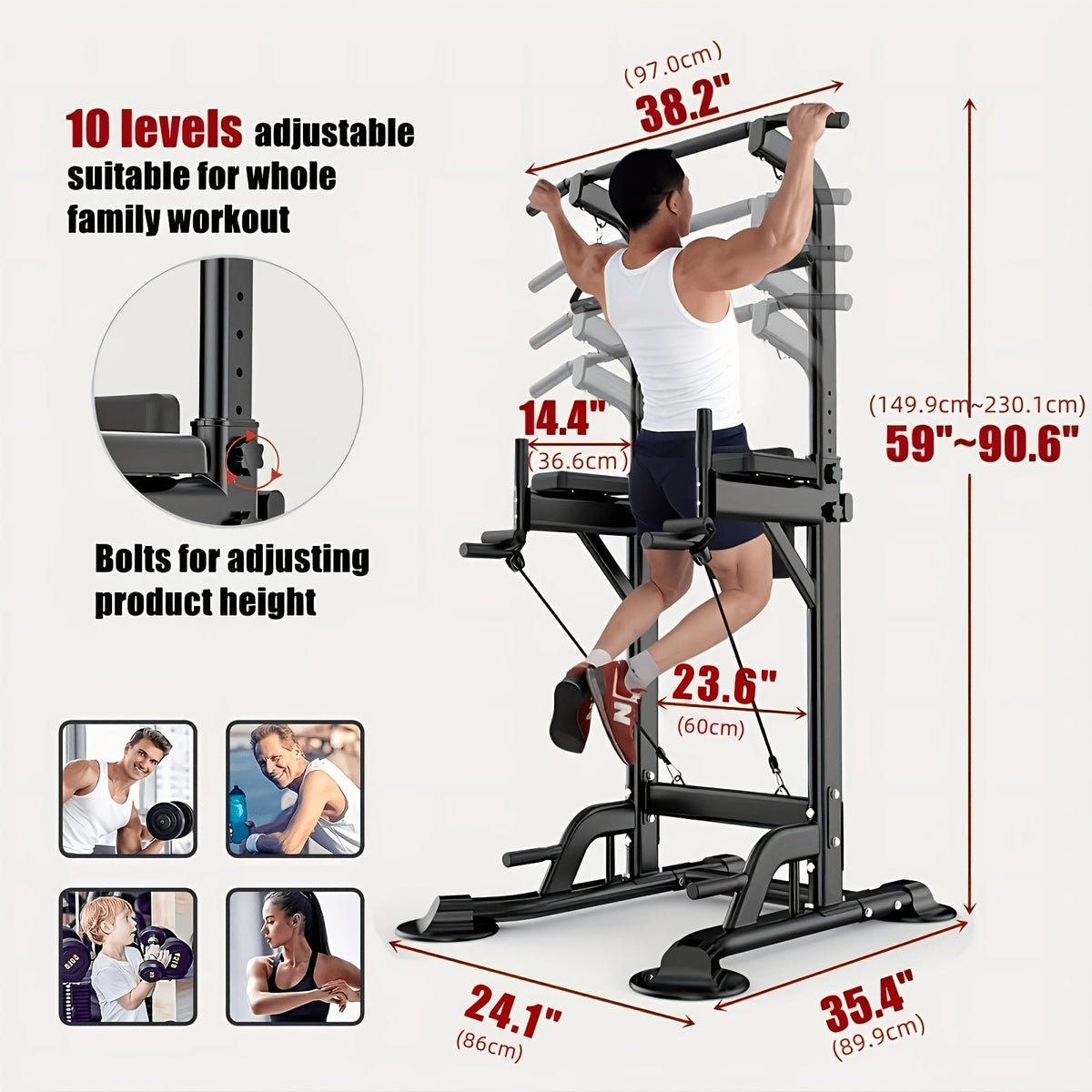 Station de musculation Power Tower avec barre de traction et poste à dips – Hauteur réglable 127-230 cm, capacité 150 kg, équipement de musculation multifonction pour hommes et femmes, bandes élastiques incluses