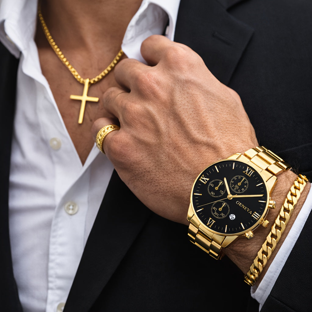 Coffret cadeau montre mécanique de luxe et bijoux pour homme, 4 pièces – Bracelet, collier et bague vintage en alliage galvanisé, ensemble d'accessoires élégants style business décontracté pour Noël, la Saint-Valentin et les fêtes