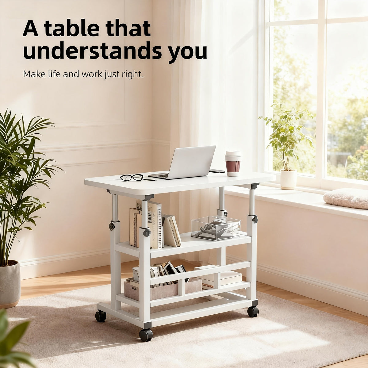 Bureau mobile portatif avec roulettes et table élévatrice à hauteur réglable – Petit bureau d'ordinateur pour lit, canapé, loisirs créatifs ou bureau à domicile, en noir ou blanc