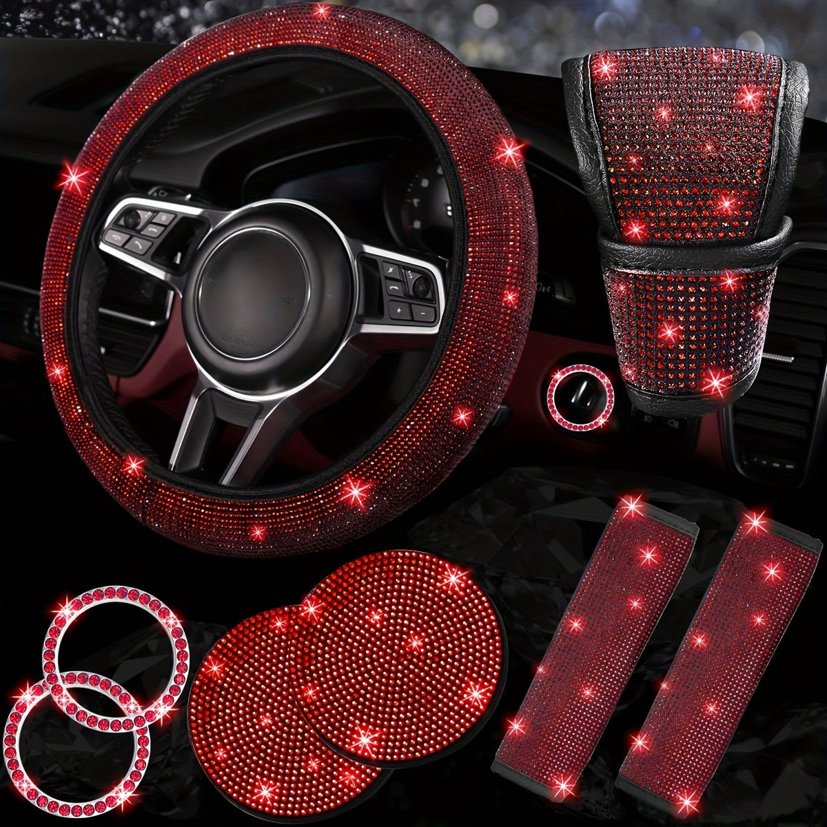 Ensemble d'accessoires de voiture 8 pièces en strass pour femme – Housse de volant, sous-verres, coussinets de ceinture de sécurité, anneaux de démarrage et housse de pommeau de levier de vitesse, 7 couleurs, kit intérieur à paillettes scintillantes