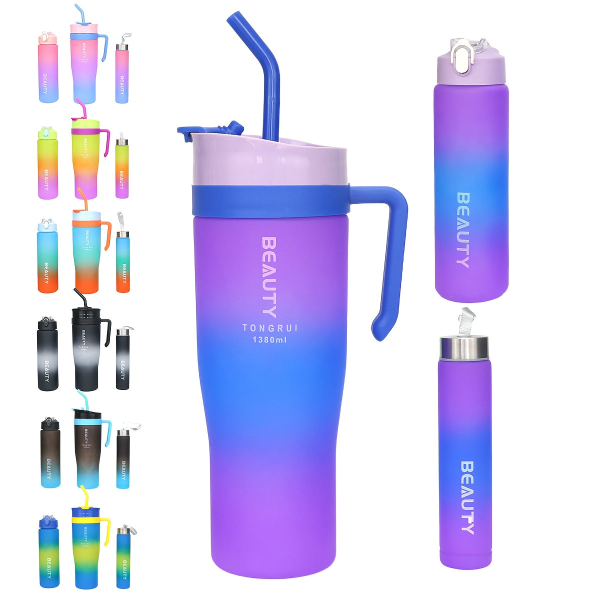 Ensemble de 5 bouteilles d'eau dégradées sans BPA avec paille et couvercle anti-fuite - Bouteilles de sport étanches de 1,3 L, 800 ml et 260 ml pour la gym, les voyages et l'extérieur