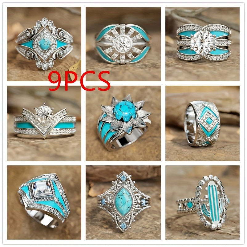 Lot de 9 bagues bohèmes empilables avec turquoise pour femme – Bijoux fantaisie luxueux style bohème, tons dorés avec turquoises synthétiques multi-éléments, idéal pour le quotidien, mariage, fiançailles, cadeau pour petite amie et amoureuse, tailles 6-11