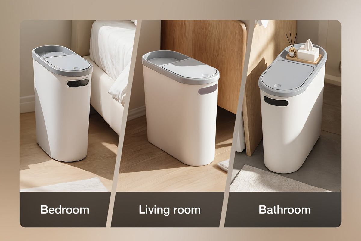 Petite poubelle de salle de bain avec poignées intégrées, lot de 1 ou 2 – Corbeille à papier en plastique antirouille, design gain de place pour salle de bain, buanderie et bureau, sacs poubelle inclus