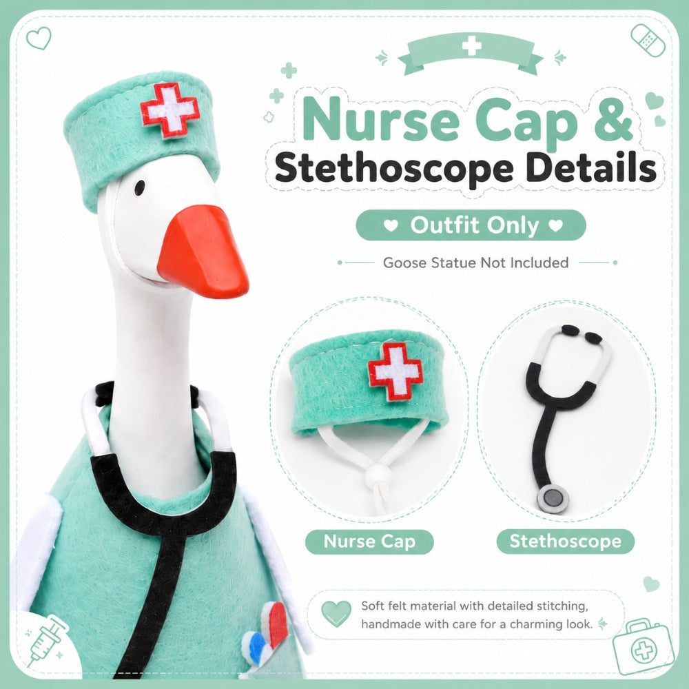 Ensemble de tenue médicale miniature pour figurine d'oie de bureau de 18 cm – Costume de docteur en feutrine avec chapeau vert menthe, stéthoscope et sac bandoulière, accessoire décoratif amusant pour bureau et cadeau original