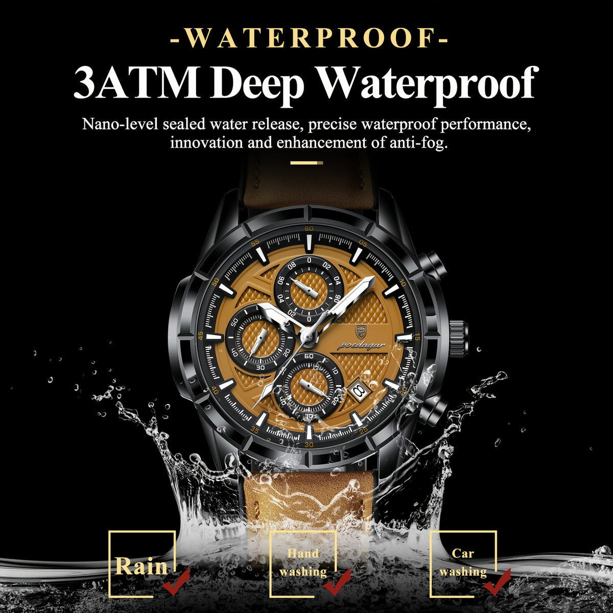 Montre chronographe à quartz étanche pour homme POEDAGAR avec bracelet en cuir luminescent – Montre-bracelet décontractée et sportive avec calendrier, cadeau pour homme, noir marron noir