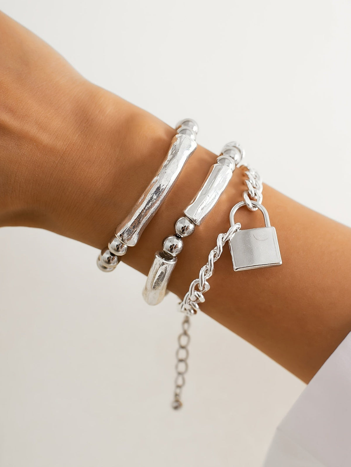 Lot de 3 bracelets punk en argent sterling 925 à perles avec pendentif cadenas – Bijou de poignet audacieux et empilable en argent pour femmes, hommes et ados, cadeau idéal pour les fêtes, festivals et au quotidien