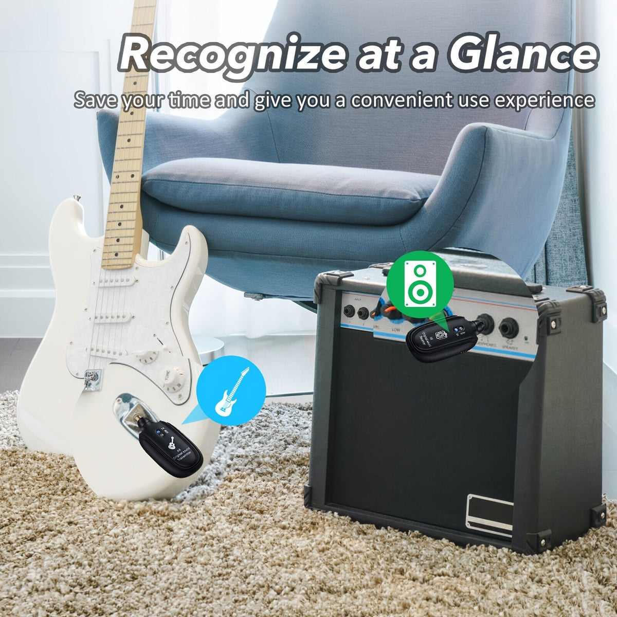 Système sans fil pour guitare A8 avec émetteur et récepteur rechargeables intégrés – Audio stéréo, chargement USB, compatible avec guitare électrique, basse et violon, fonctionne avec les amplificateurs