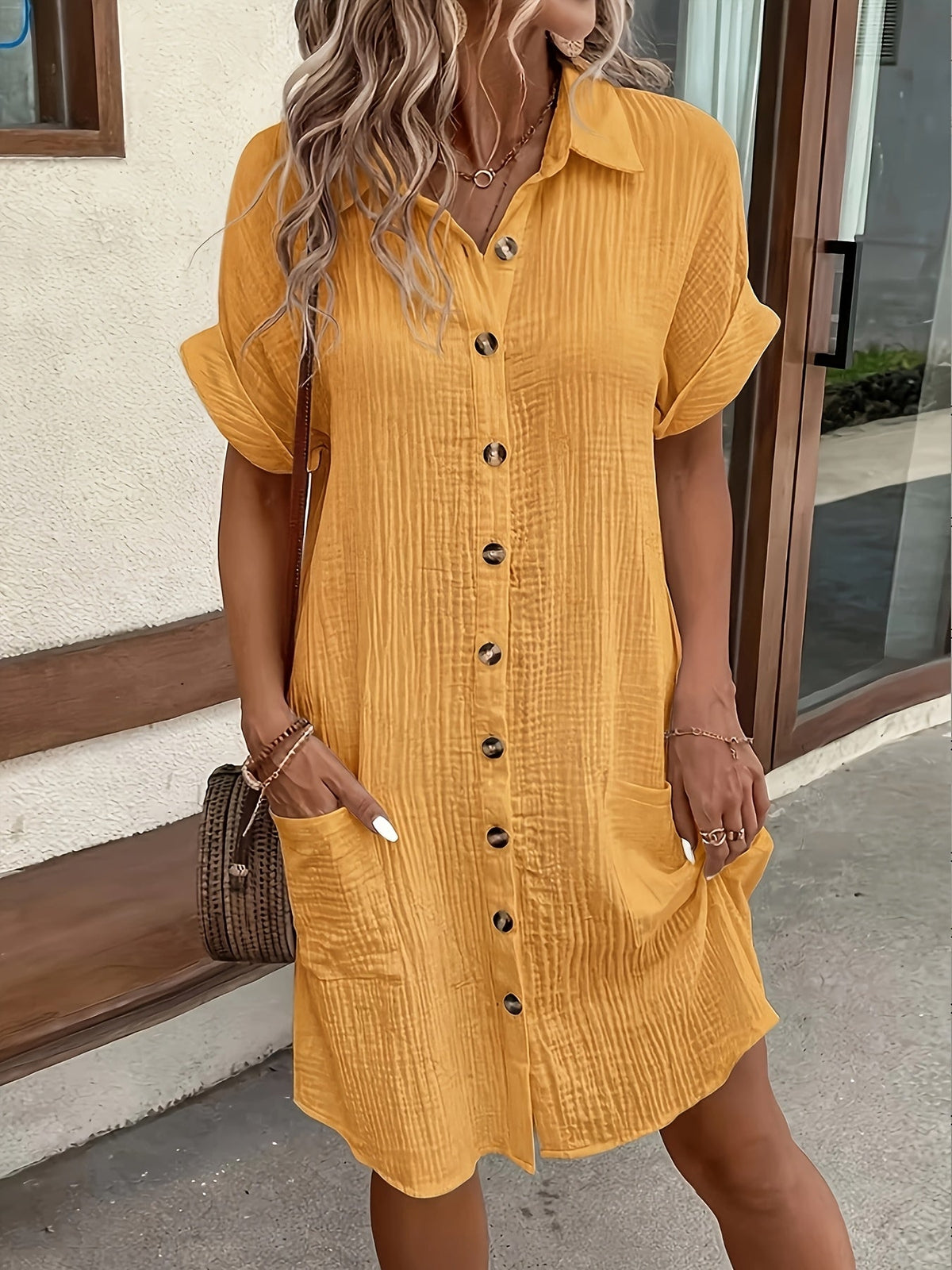 Women's Solid Color Lapel Collar Button-Down Sleeveless Shirt Dress – Breathable Knee-Length Vintage Flutter Sleeve Casual Dress for Spring Summer