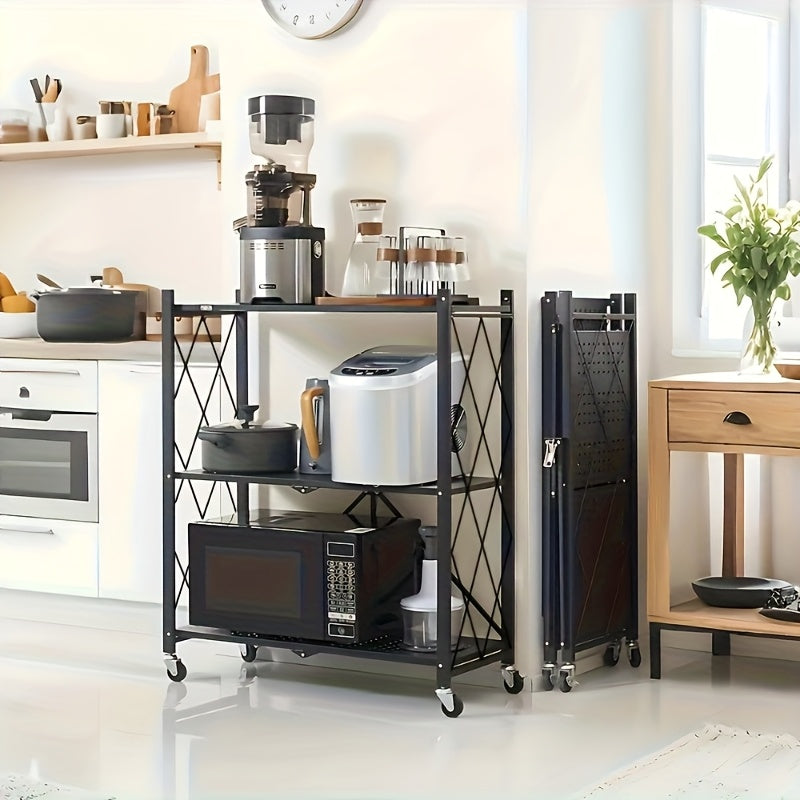 Étagère de rangement pliable en métal robuste à 3 niveaux avec roulettes, capacité de 340 kg – Unité de rayonnage roulante et mobile pour garage, cuisine, entrepôt et organisation de la maison, noir