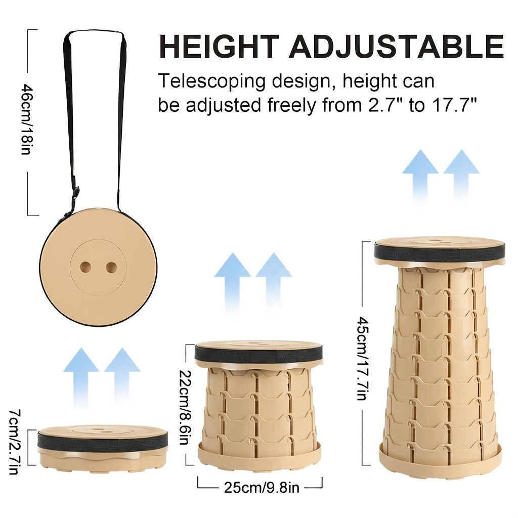 Lot de 2 tabourets pliants télescopiques, capacité 180 kg, siège rétractable portable pour camping, pêche, randonnée, cuisine et extérieur – Tabouret arc-en-ciel léger – Noir